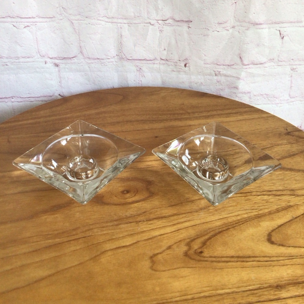 Elegant Clear Glass Square Candle Holder Pair